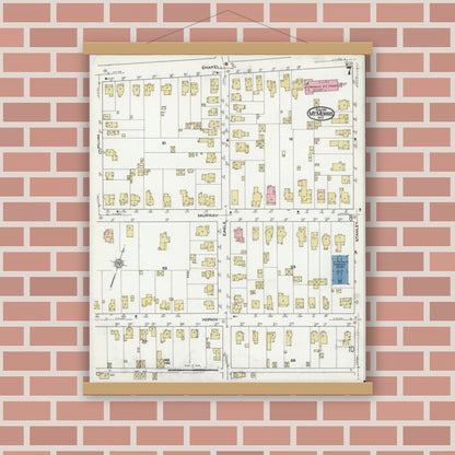 Old map wall art mockup — magnetic wood frame on brick wall — Sanborn Fire Insurance Map from Mount Morris, Livingston County, New York (1921), Sheet #0007