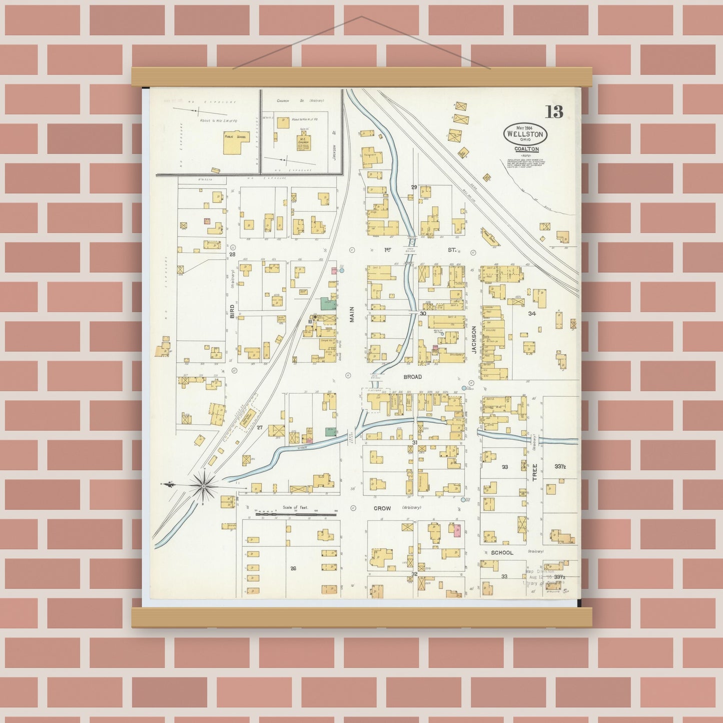 Old map wall art mockup — magnetic wood frame on brick wall — Sanborn Fire Insurance Map from Wellston, Jackson County, Ohio (1904), Sheet #0013