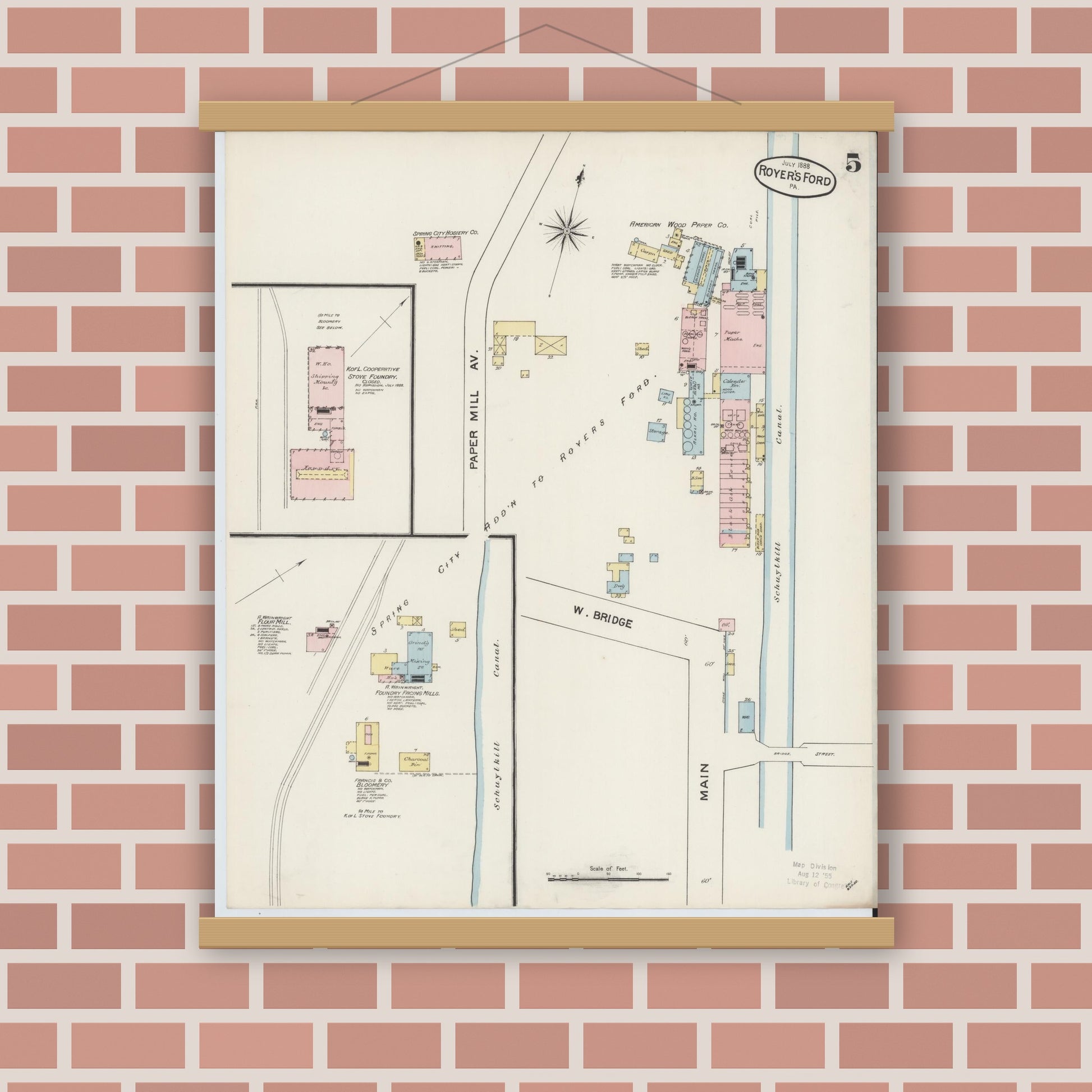 Old map wall art mockup — magnetic wood frame on brick wall — Sanborn Fire Insurance Map from Royersford, Montgomery County, Pennsylvania (1888), Sheet #0005