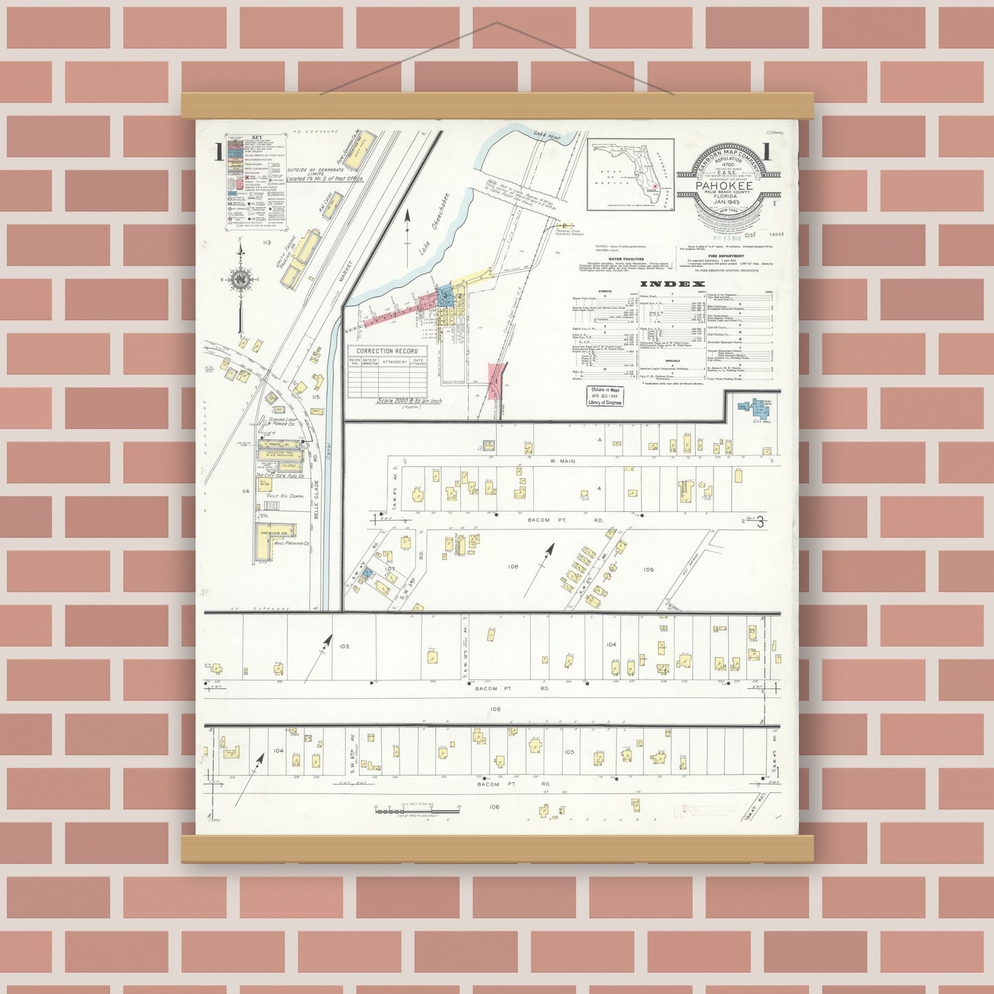 Old map wall art mockup — magnetic wood frame on brick wall — Sanborn Fire Insurance Map from Pahokee, Palm Beach County, Florida (1943), Sheet #0001
