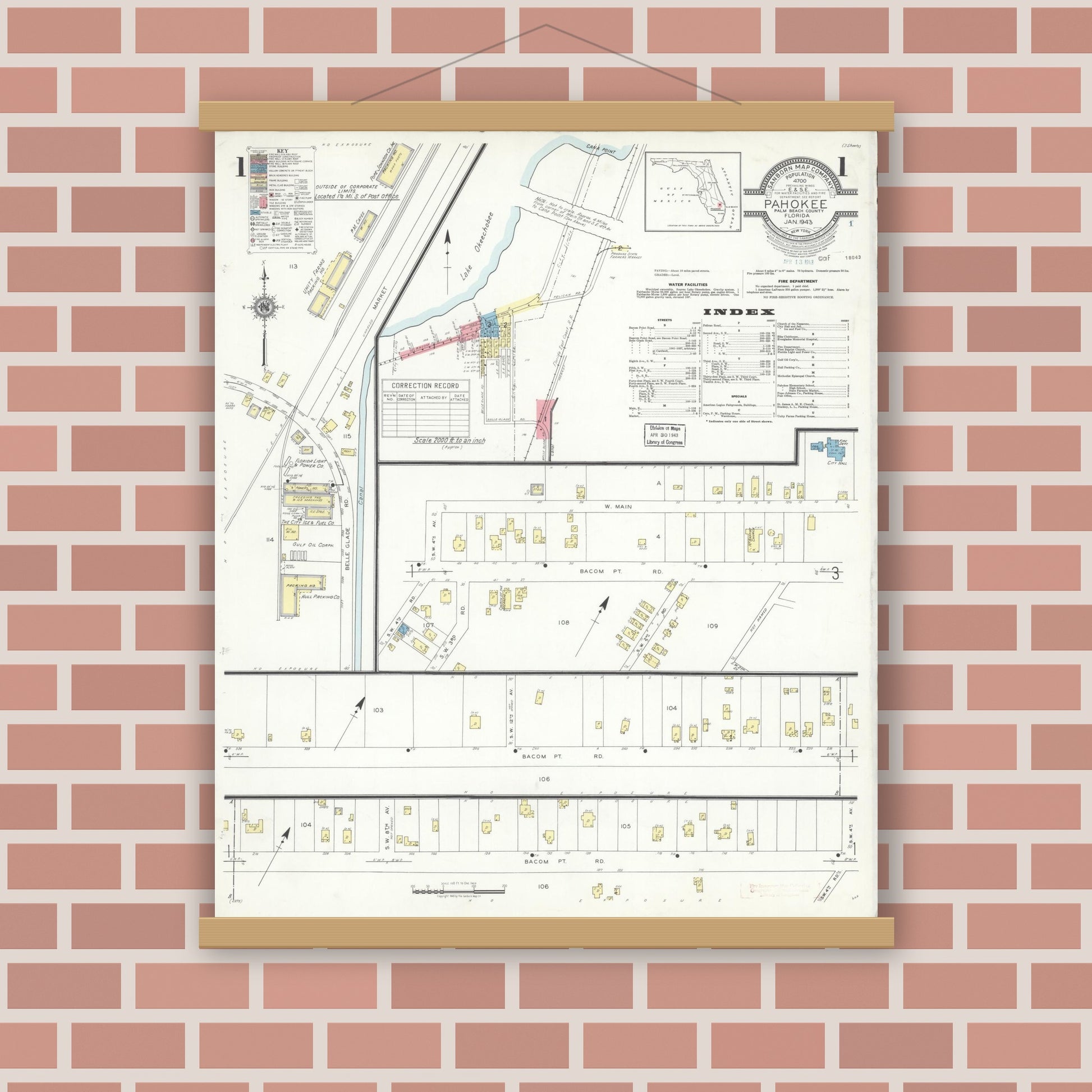 Old map wall art mockup — magnetic wood frame on brick wall — Sanborn Fire Insurance Map from Pahokee, Palm Beach County, Florida (1943), Sheet #0001