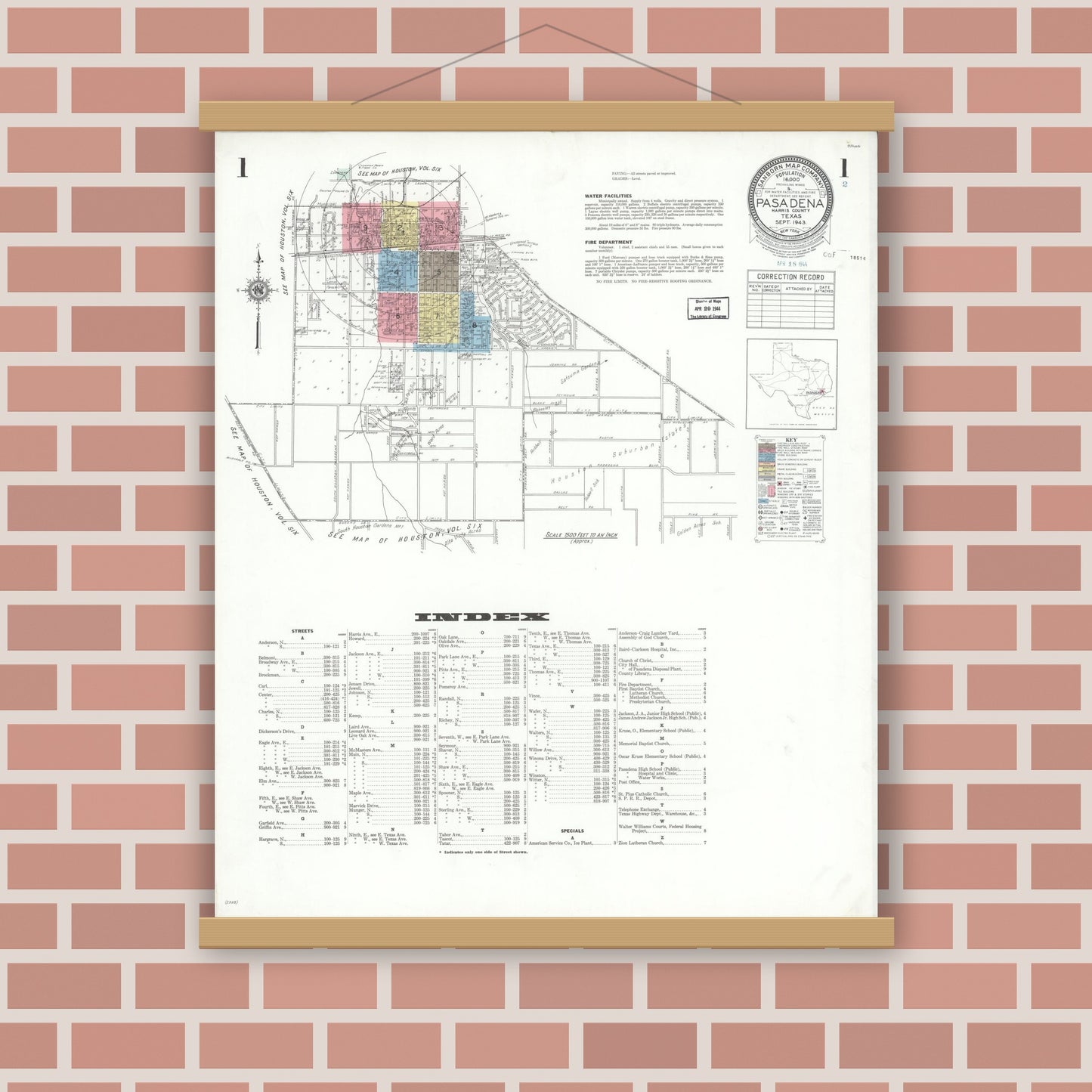 Old map wall art mockup — magnetic wood frame on brick wall — Sanborn Fire Insurance Map from Pasadena, Harris County, Texas (1943) - Complete Map Set