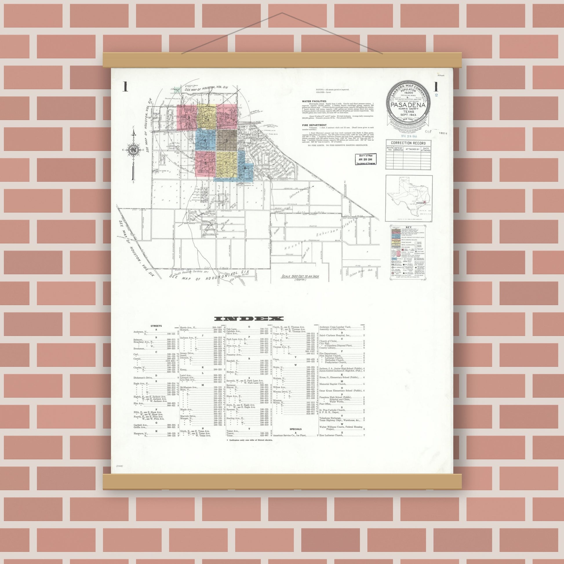 Old map wall art mockup — magnetic wood frame on brick wall — Sanborn Fire Insurance Map from Pasadena, Harris County, Texas (1943) - Complete Map Set