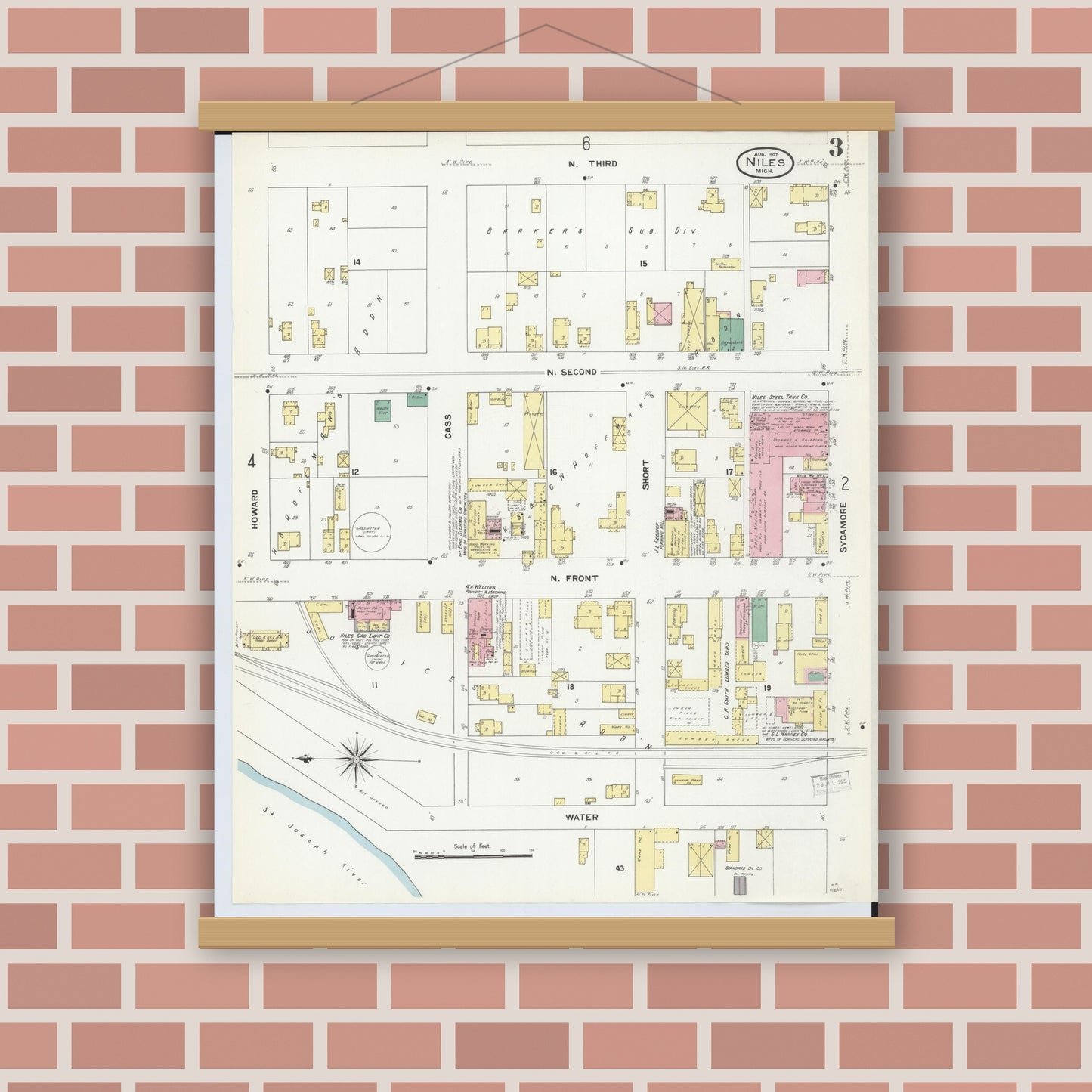 Old map wall art mockup — magnetic wood frame on brick wall — Sanborn Fire Insurance Map from Niles, Berrien County, Michigan (1907), Sheet #0003