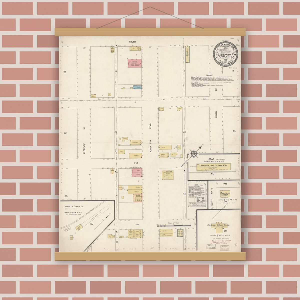 Old map wall art mockup — magnetic wood frame on brick wall — Sanborn Fire Insurance Map from Chowchilla, Madera County, California (1914), Sheet #0001