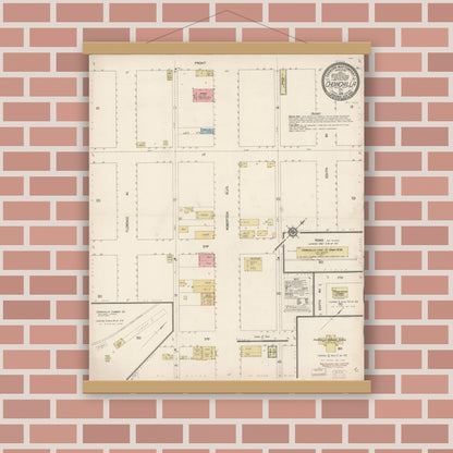 Old map wall art mockup — magnetic wood frame on brick wall — Sanborn Fire Insurance Map from Chowchilla, Madera County, California (1914), Sheet #0001