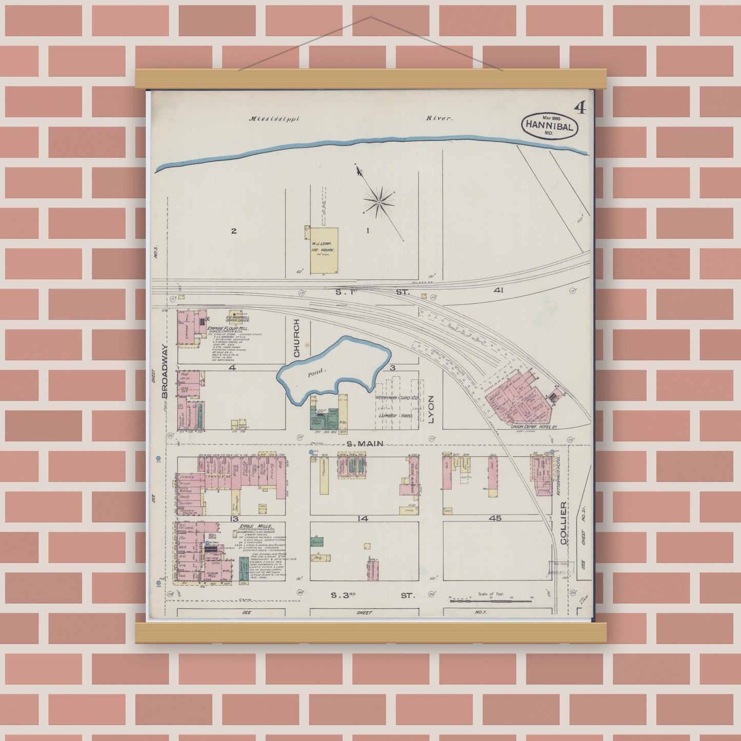 Old map wall art mockup — magnetic wood frame on brick wall — Sanborn Fire Insurance Map from Hannibal, Marion County, Missouri (1885), Sheet #0004