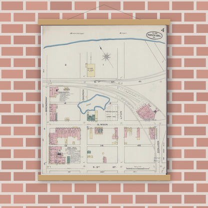 Old map wall art mockup — magnetic wood frame on brick wall — Sanborn Fire Insurance Map from Hannibal, Marion County, Missouri (1885), Sheet #0004