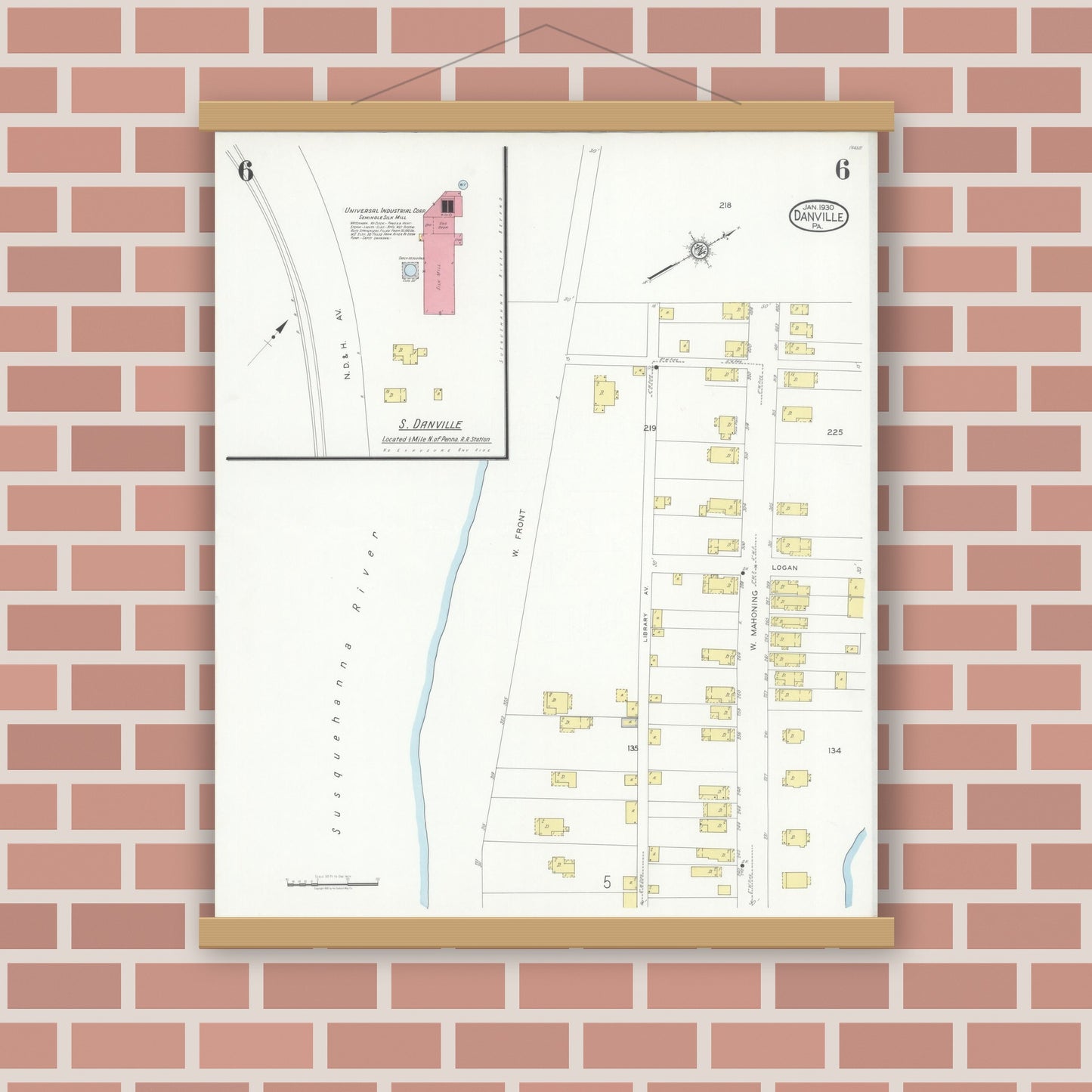 Old map wall art mockup — magnetic wood frame on brick wall — Sanborn Fire Insurance Map from Danville, Montour County, Pennsylvania (1930), Sheet #0006
