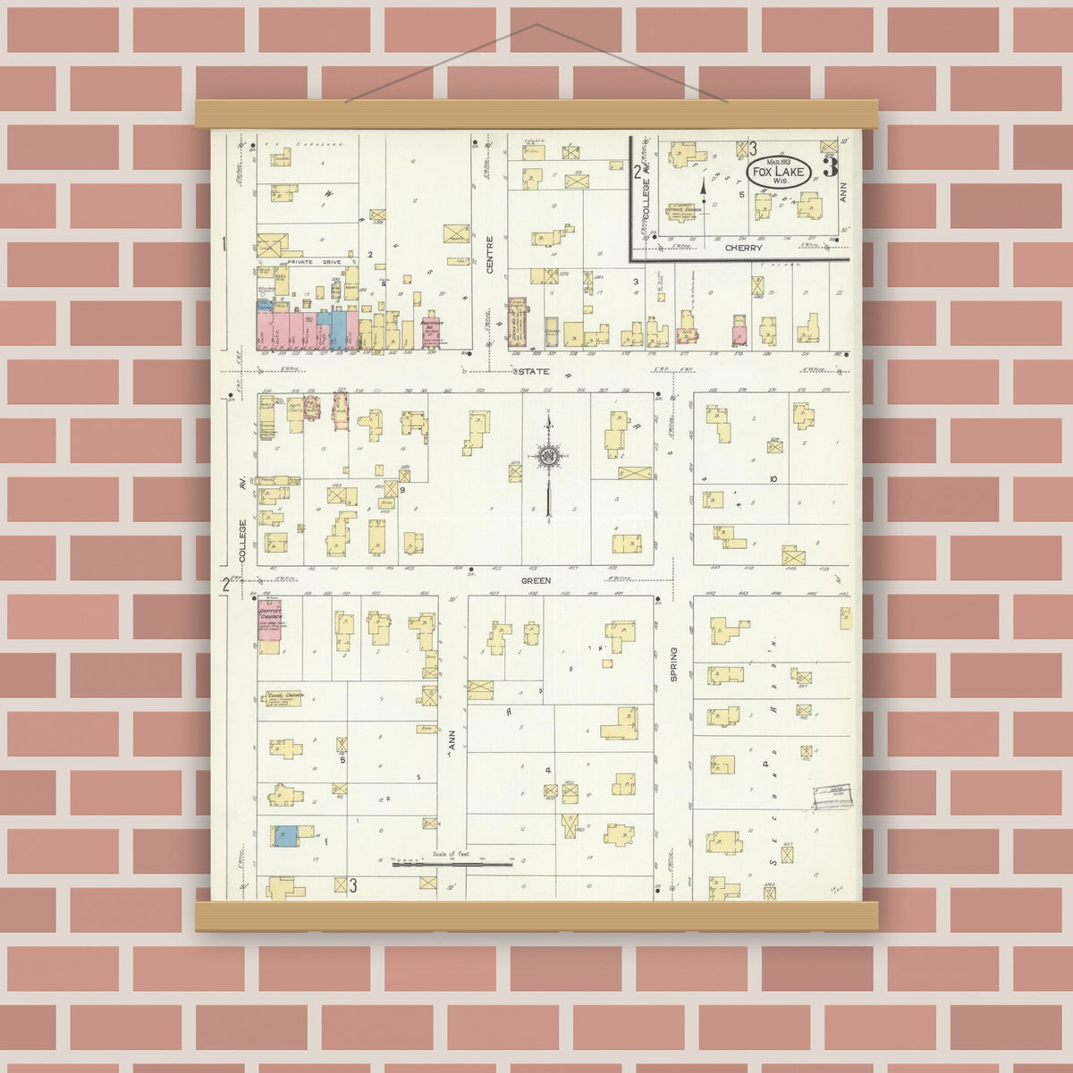 Old map wall art mockup — magnetic wood frame on brick wall — Sanborn Fire Insurance Map from Fox Lake, Dodge County, Wisconsin (1913), Sheet #0003