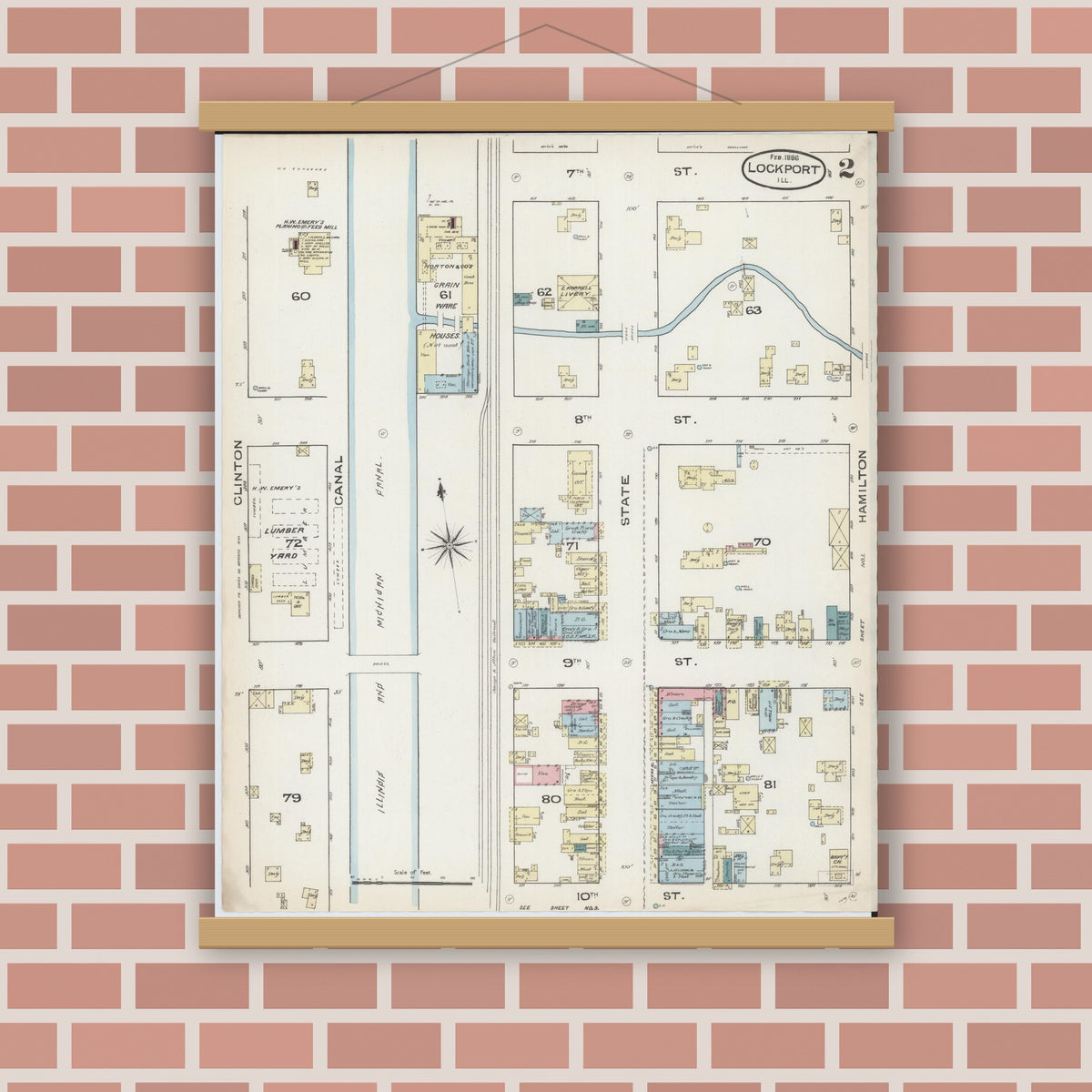 Old map wall art mockup — magnetic wood frame on brick wall — Sanborn Fire Insurance Map from Lockport, Will County, Illinois (1886), Sheet #0002