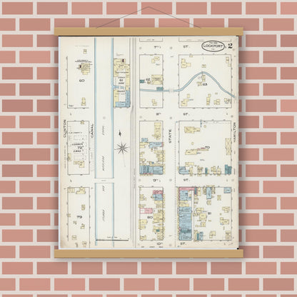 Old map wall art mockup — magnetic wood frame on brick wall — Sanborn Fire Insurance Map from Lockport, Will County, Illinois (1886), Sheet #0002