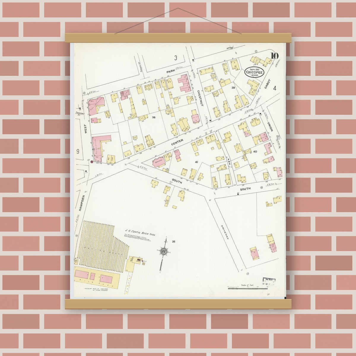 Old map wall art mockup — magnetic wood frame on brick wall — Sanborn Fire Insurance Map from Chicopee, Hampden County, Massachusetts (1910), Sheet #0010