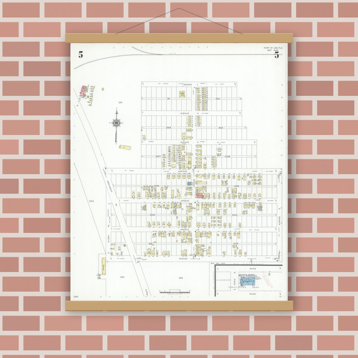 Old map wall art mockup — magnetic wood frame on brick wall — Sanborn Fire Insurance Map from Port Saint Joe, Gulf County, Florida (1940), Sheet #0005