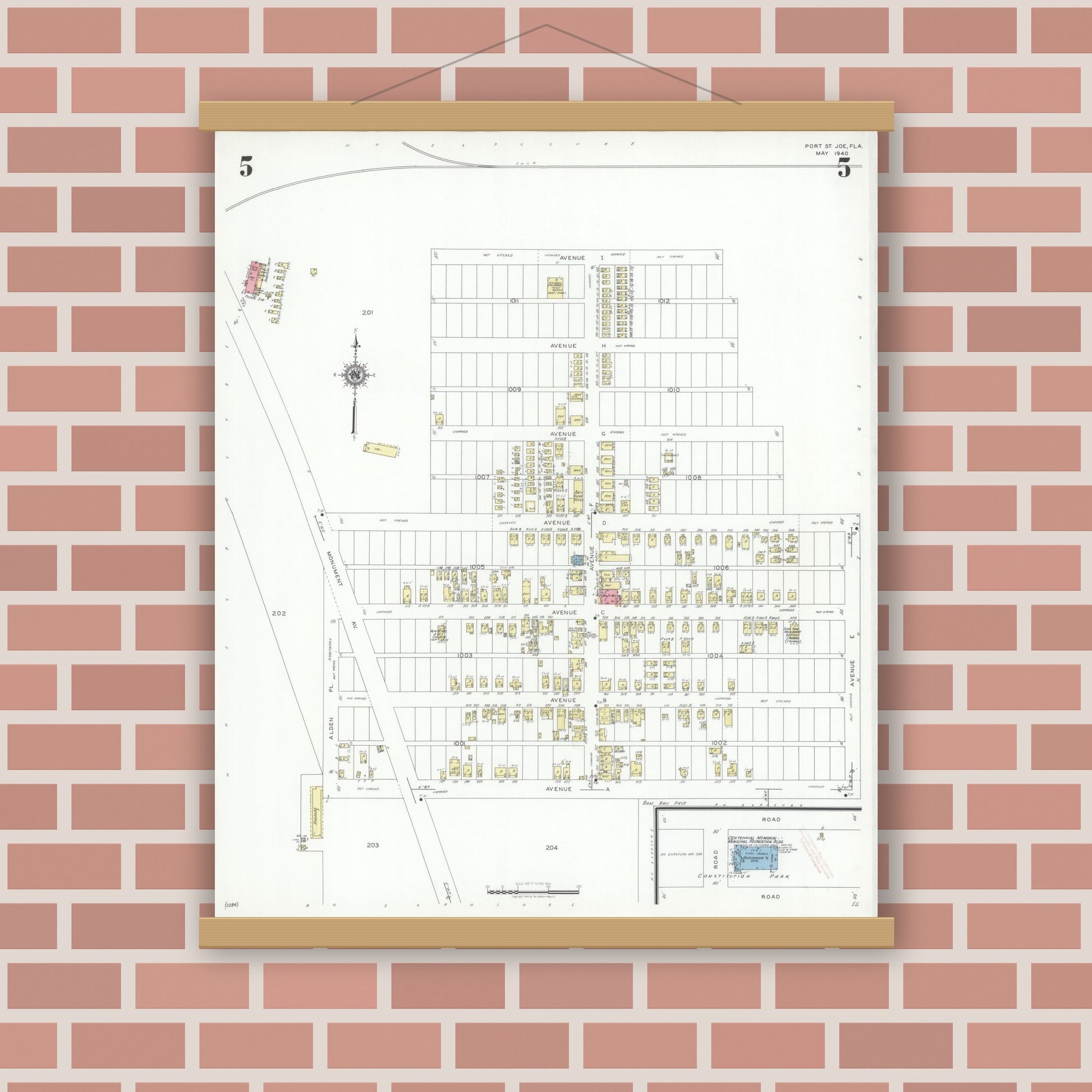 Old map wall art mockup — magnetic wood frame on brick wall — Sanborn Fire Insurance Map from Port Saint Joe, Gulf County, Florida (1940), Sheet #0005