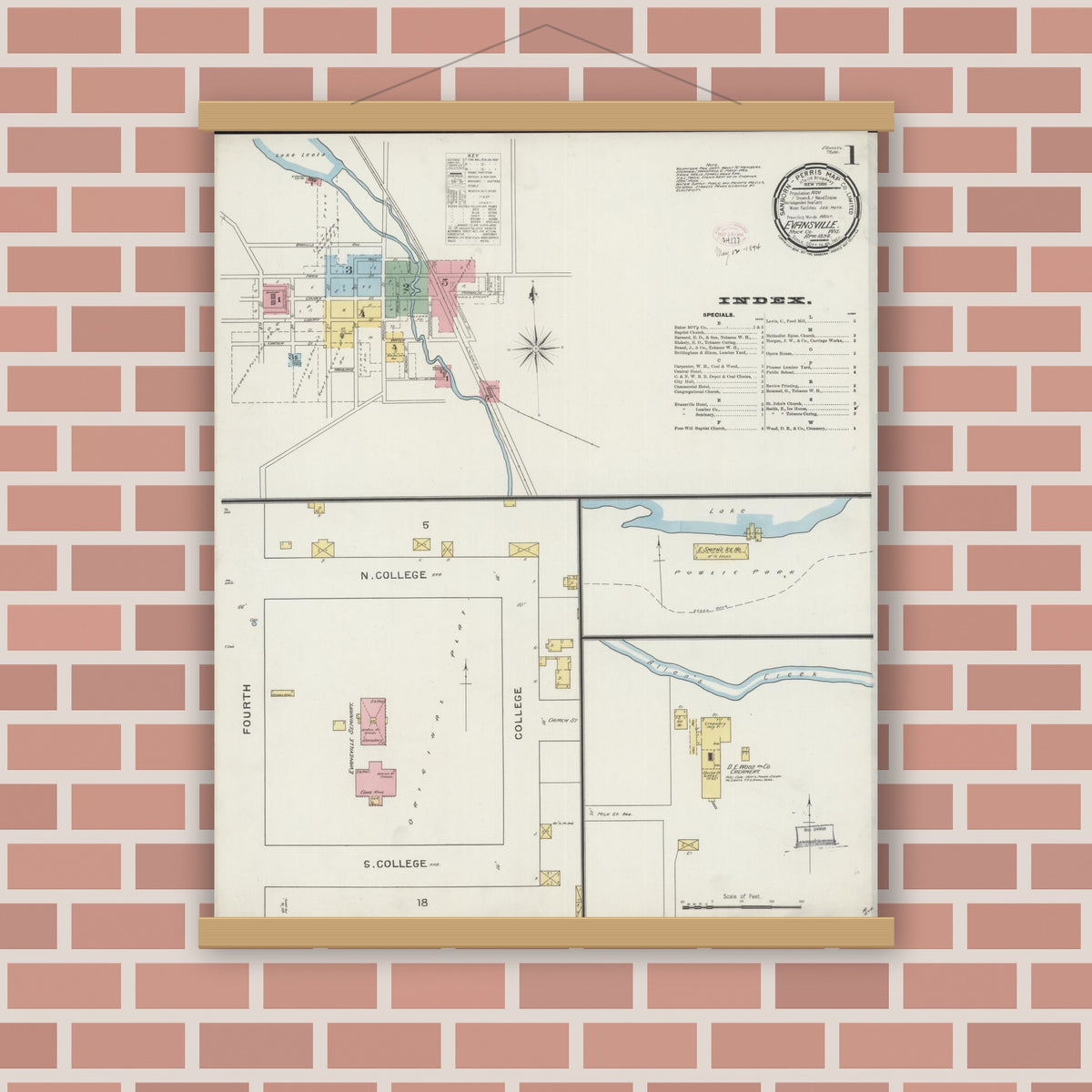 Old map wall art mockup — magnetic wood frame on brick wall — Sanborn Fire Insurance Map from Evansville, Rock County, Wisconsin (1894), Sheet #0001