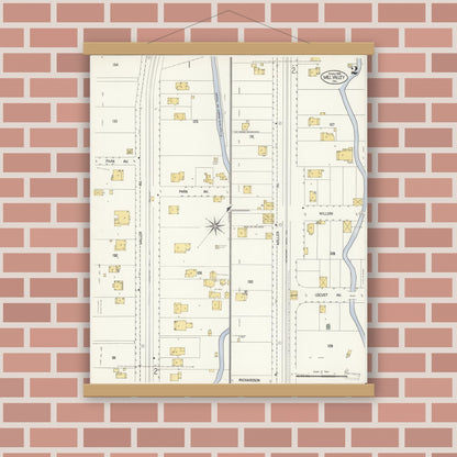 Old map wall art mockup — magnetic wood frame on brick wall — Sanborn Fire Insurance Map from Mill Valley, Marin County, California (1908), Sheet #0002