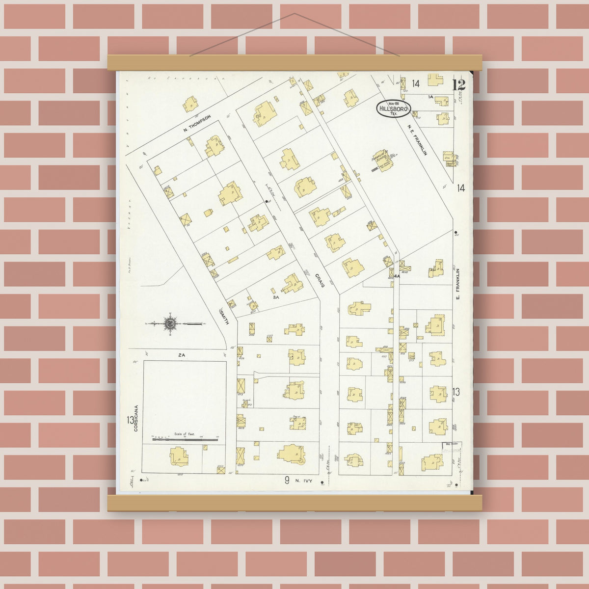 Old map wall art mockup — magnetic wood frame on brick wall — Sanborn Fire Insurance Map from Hillsboro, Hill County, Texas (1911), Sheet #0012