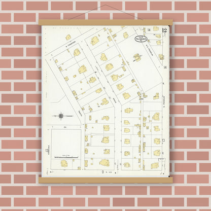 Old map wall art mockup — magnetic wood frame on brick wall — Sanborn Fire Insurance Map from Hillsboro, Hill County, Texas (1911), Sheet #0012