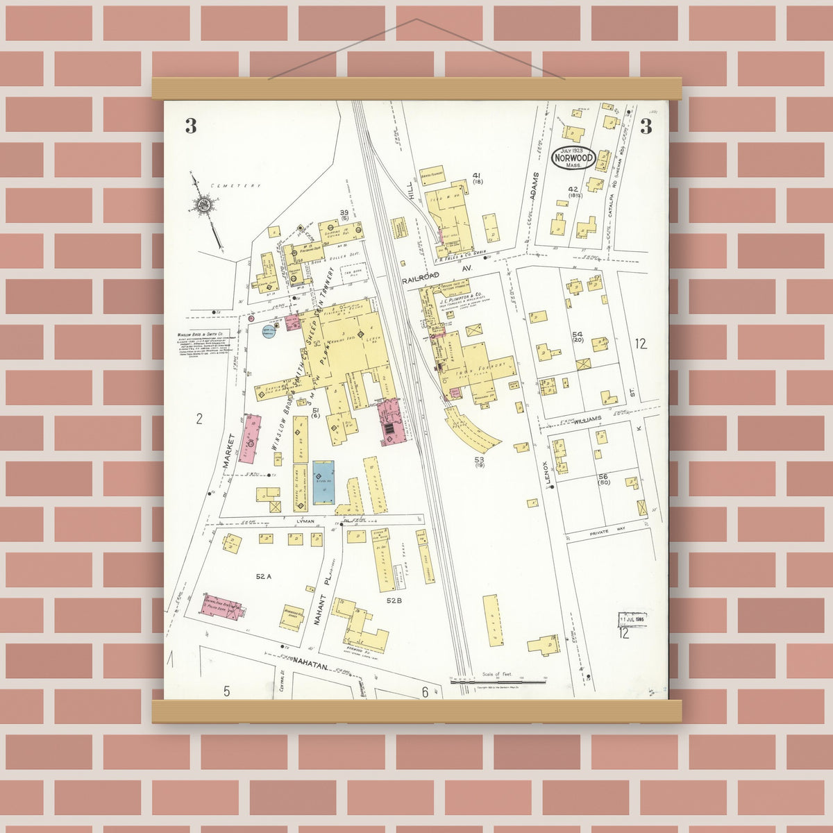 Old map wall art mockup — magnetic wood frame on brick wall — Sanborn Fire Insurance Map from Norwood, Norfolk County, Massachusetts (1923), Sheet #0003