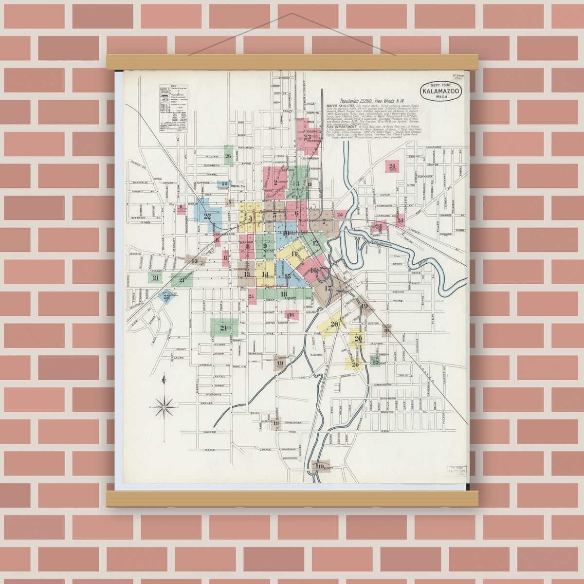 Old map wall art mockup — magnetic wood frame on brick wall — Sanborn Fire Insurance Map from Kalamazoo, Kalamazoo County, Michigan (1896), Sheet #0001