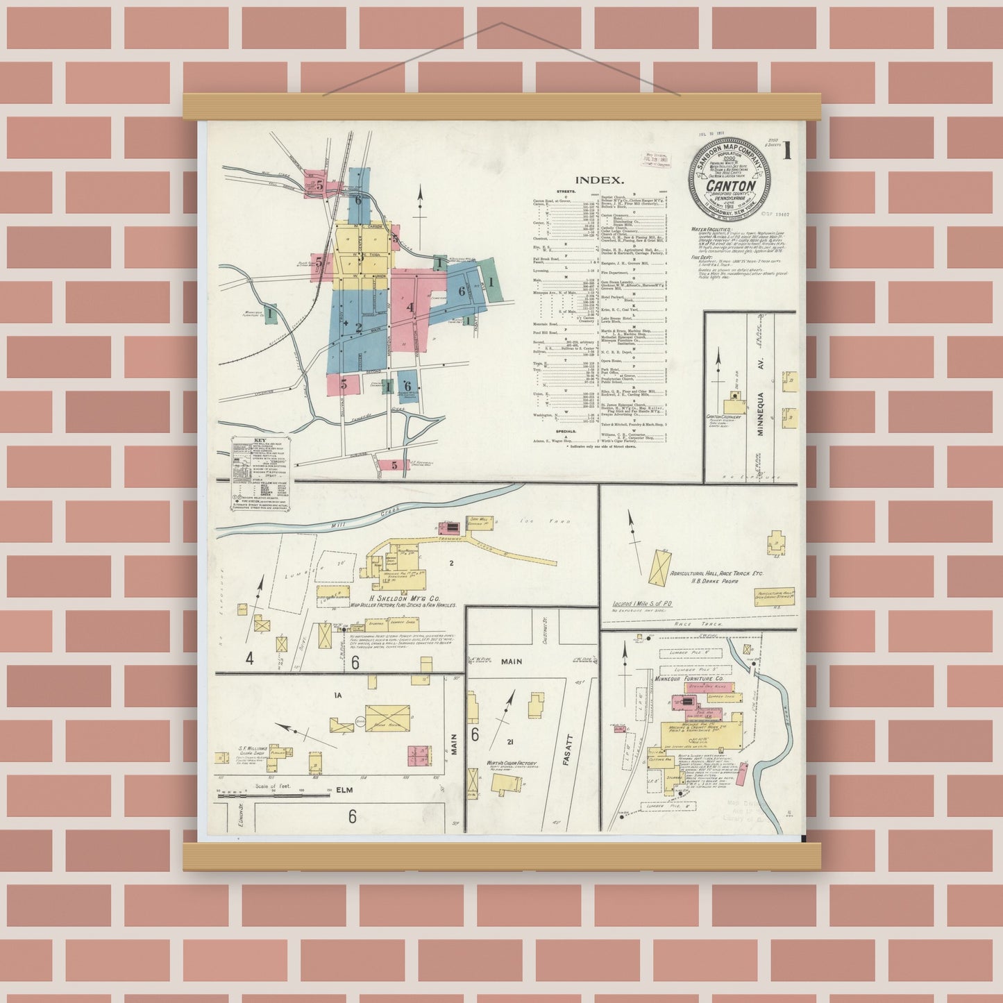 Old map wall art mockup — magnetic wood frame on brick wall — Sanborn Fire Insurance Map from Canton, Bradford County, Pennsylvania (1911), Sheet #0001