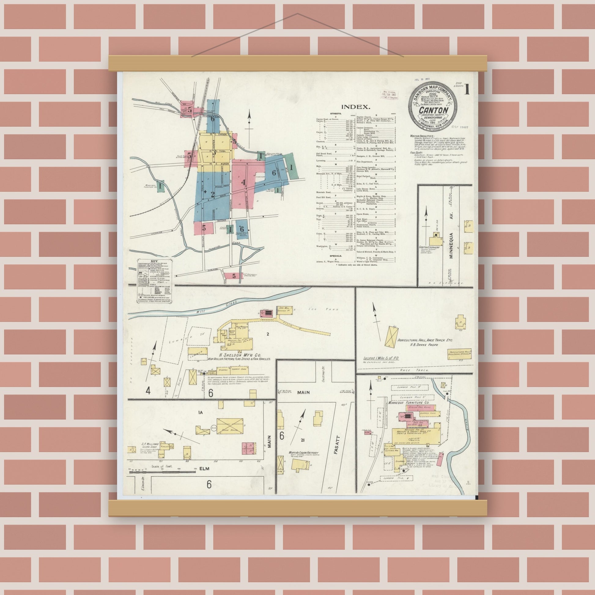 Old map wall art mockup — magnetic wood frame on brick wall — Sanborn Fire Insurance Map from Canton, Bradford County, Pennsylvania (1911), Sheet #0001