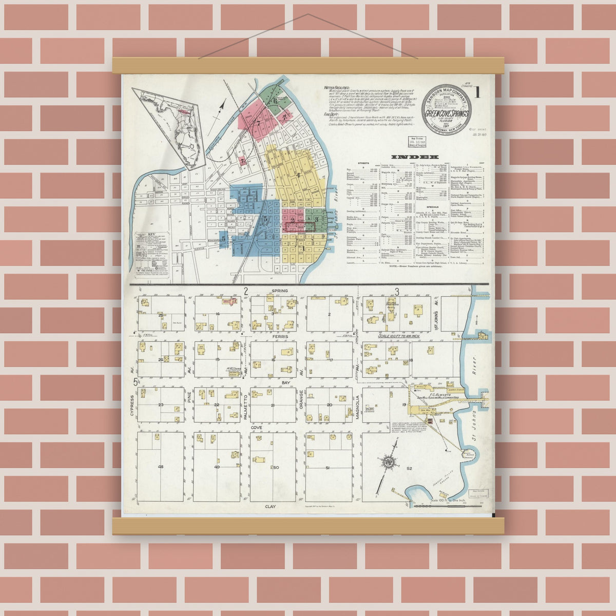 Old map wall art mockup — magnetic wood frame on brick wall — Sanborn Fire Insurance Map from Green Cove Springs, Clay County, Florida (1917), Sheet #0001