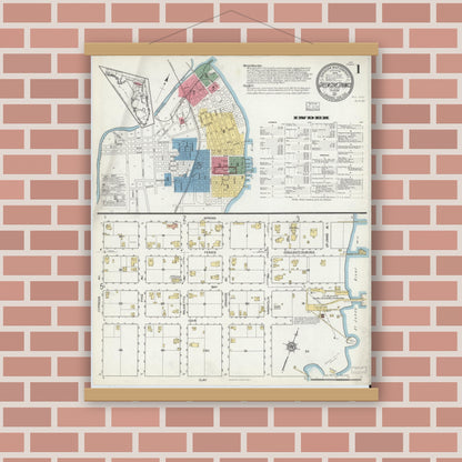 Old map wall art mockup — magnetic wood frame on brick wall — Sanborn Fire Insurance Map from Green Cove Springs, Clay County, Florida (1917), Sheet #0001