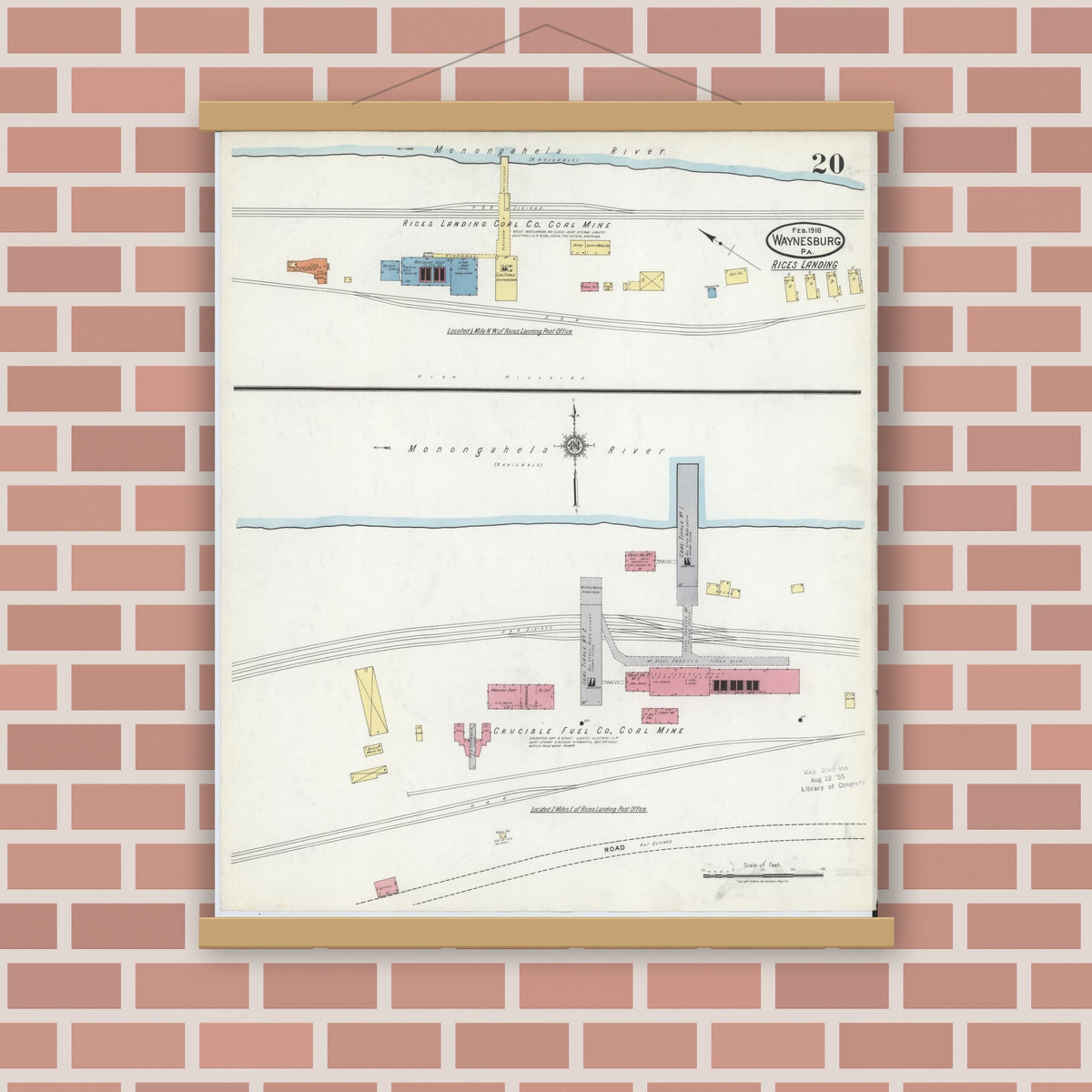 Old map wall art mockup — magnetic wood frame on brick wall — Sanborn Fire Insurance Map from Waynesburg, Greene County, Pennsylvania (1918), Sheet #0020