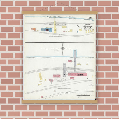 Old map wall art mockup — magnetic wood frame on brick wall — Sanborn Fire Insurance Map from Waynesburg, Greene County, Pennsylvania (1918), Sheet #0020