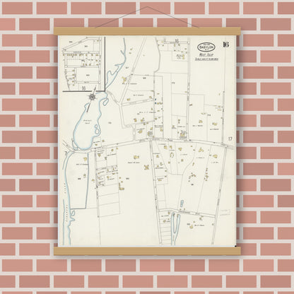 Old map wall art mockup — magnetic wood frame on brick wall — Sanborn Fire Insurance Map from Babylon, Suffolk County, New York (1915), Sheet #0016