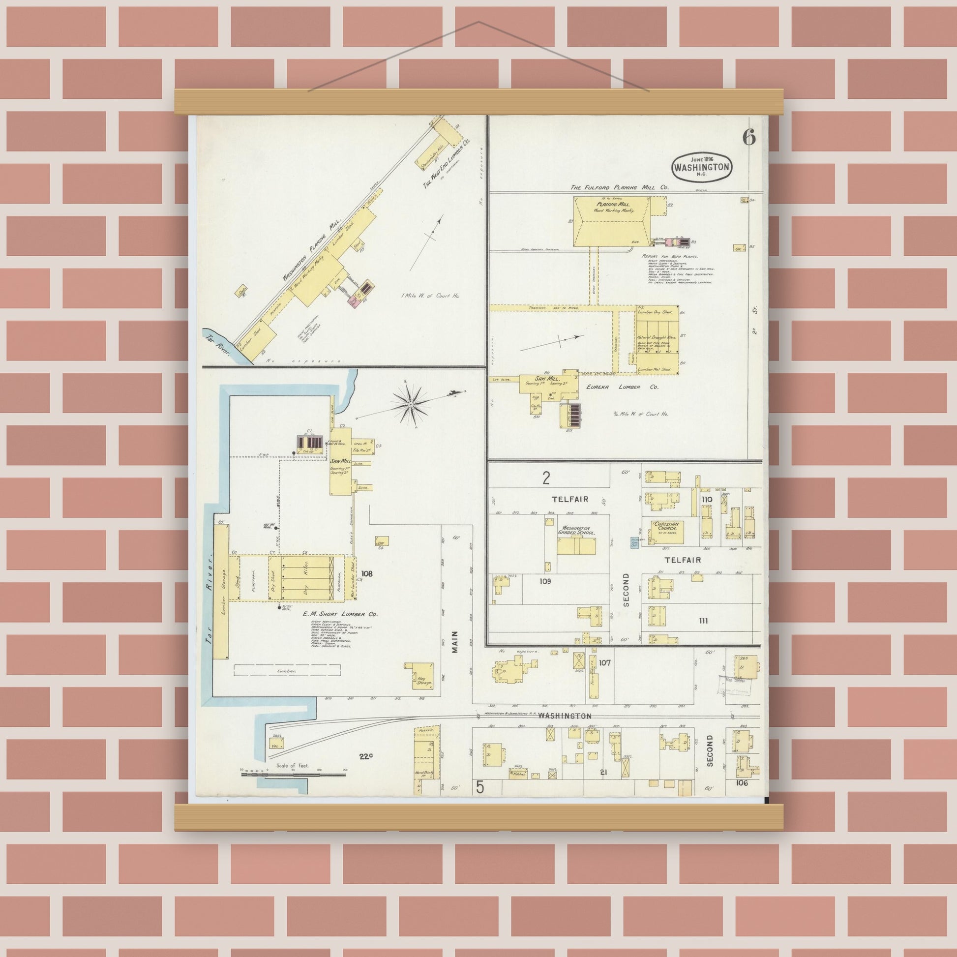 Old map wall art mockup — magnetic wood frame on brick wall — Sanborn Fire Insurance Map from Washington, Beaufort County, North Carolina (1896), Sheet #0006
