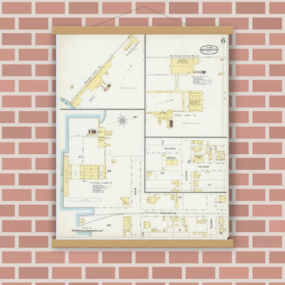 Old map wall art mockup — magnetic wood frame on brick wall — Sanborn Fire Insurance Map from Washington, Beaufort County, North Carolina (1896), Sheet #0006