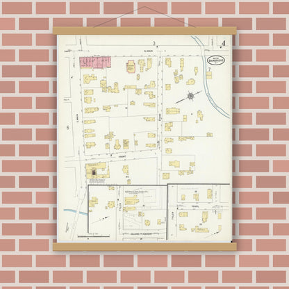 Old map wall art mockup — magnetic wood frame on brick wall — Sanborn Fire Insurance Map from Bainbridge, Chenango County, New York (1912), Sheet #0004