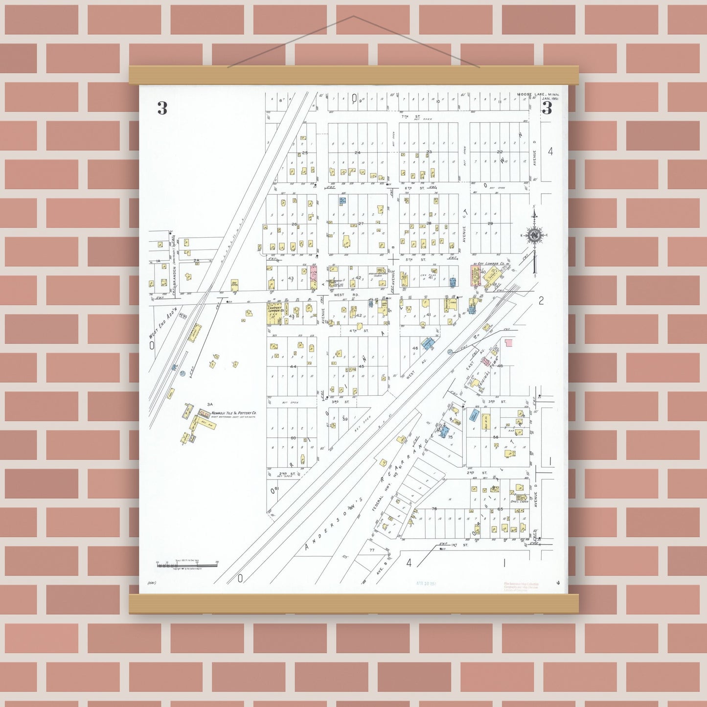 Old map wall art mockup — magnetic wood frame on brick wall — Sanborn Fire Insurance Map from Moose Lake, Carlton County, Minnesota (1951), Sheet #0003