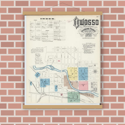 Old map wall art mockup — magnetic wood frame on brick wall — Sanborn Fire Insurance Map from Owosso, Shiawassee County, Michigan (1890) - Complete Map Set