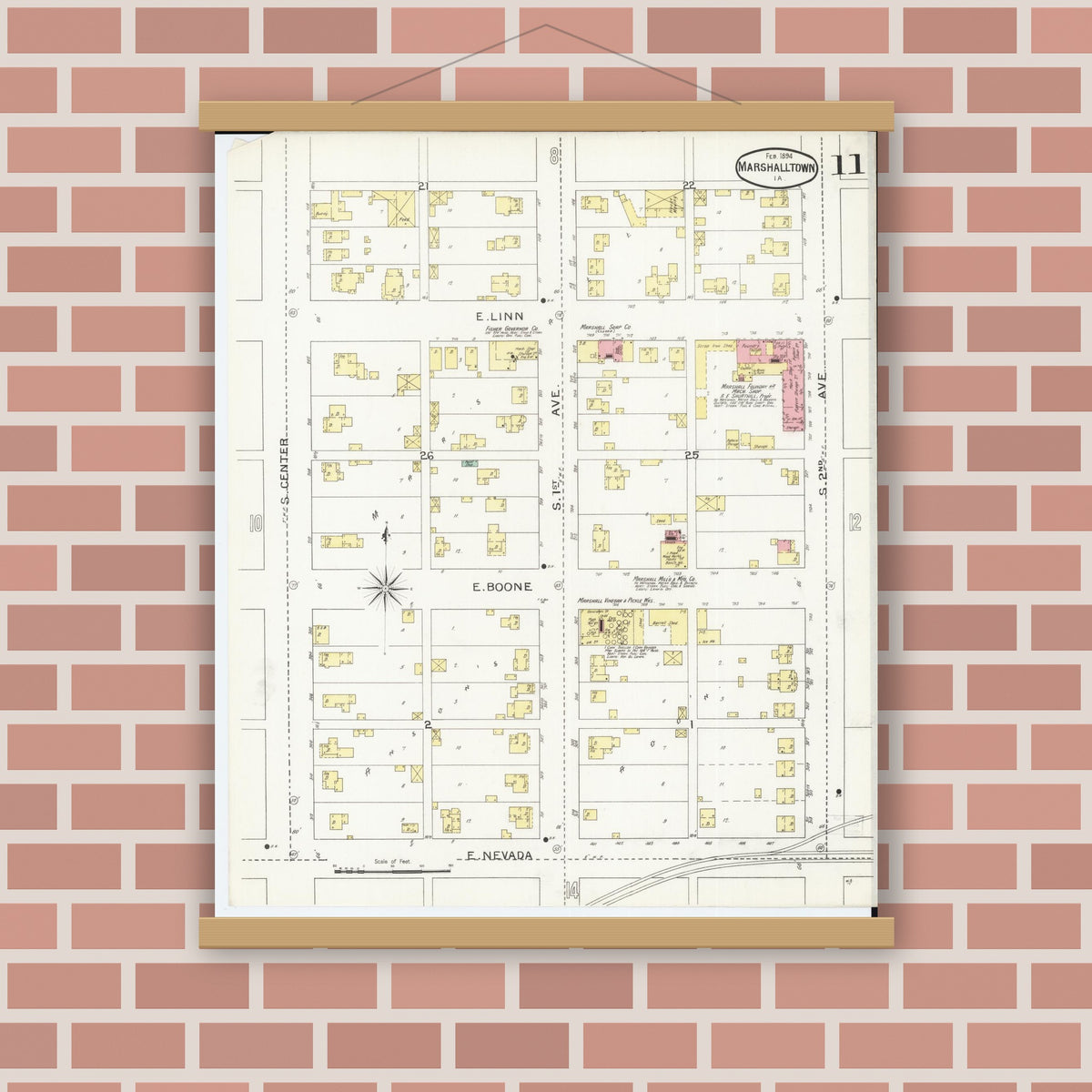 Old map wall art mockup — magnetic wood frame on brick wall — Sanborn Fire Insurance Map from Marshalltown, Marshall County, Iowa (1894), Sheet #0011