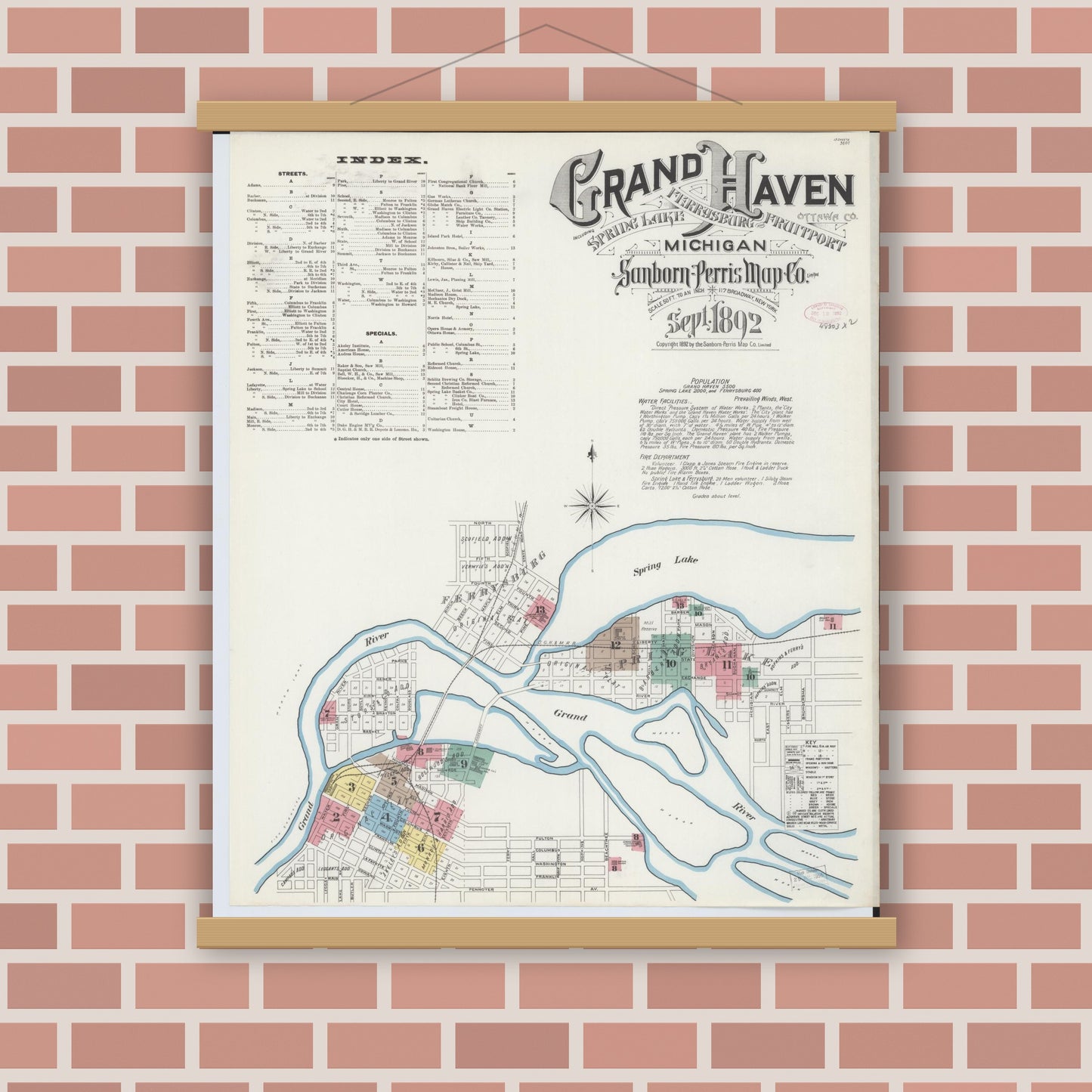 Old map wall art mockup — magnetic wood frame on brick wall — Sanborn Fire Insurance Map from Grand Haven, Ottawa County, Michigan (1892) - Complete Map Set