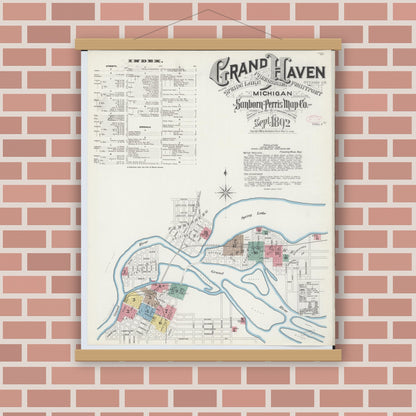 Old map wall art mockup — magnetic wood frame on brick wall — Sanborn Fire Insurance Map from Grand Haven, Ottawa County, Michigan (1892) - Complete Map Set