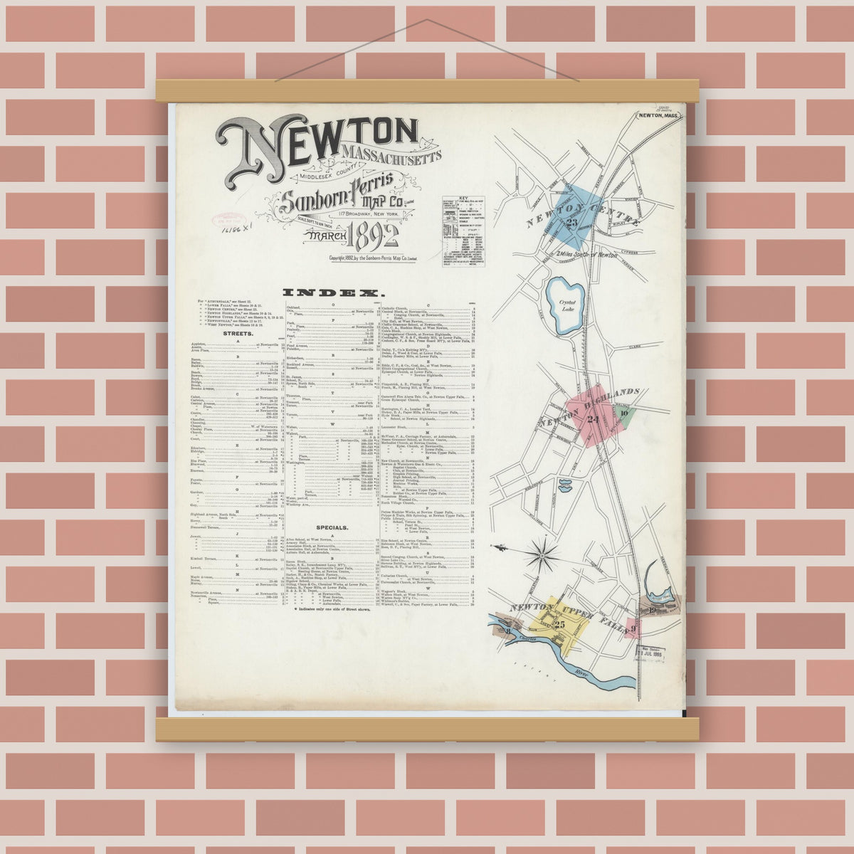 Old map wall art mockup — magnetic wood frame on brick wall — Sanborn Fire Insurance Map from Newton, Middlesex County, Massachusetts (1892), Sheet #0001