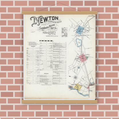 Old map wall art mockup — magnetic wood frame on brick wall — Sanborn Fire Insurance Map from Newton, Middlesex County, Massachusetts (1892), Sheet #0001