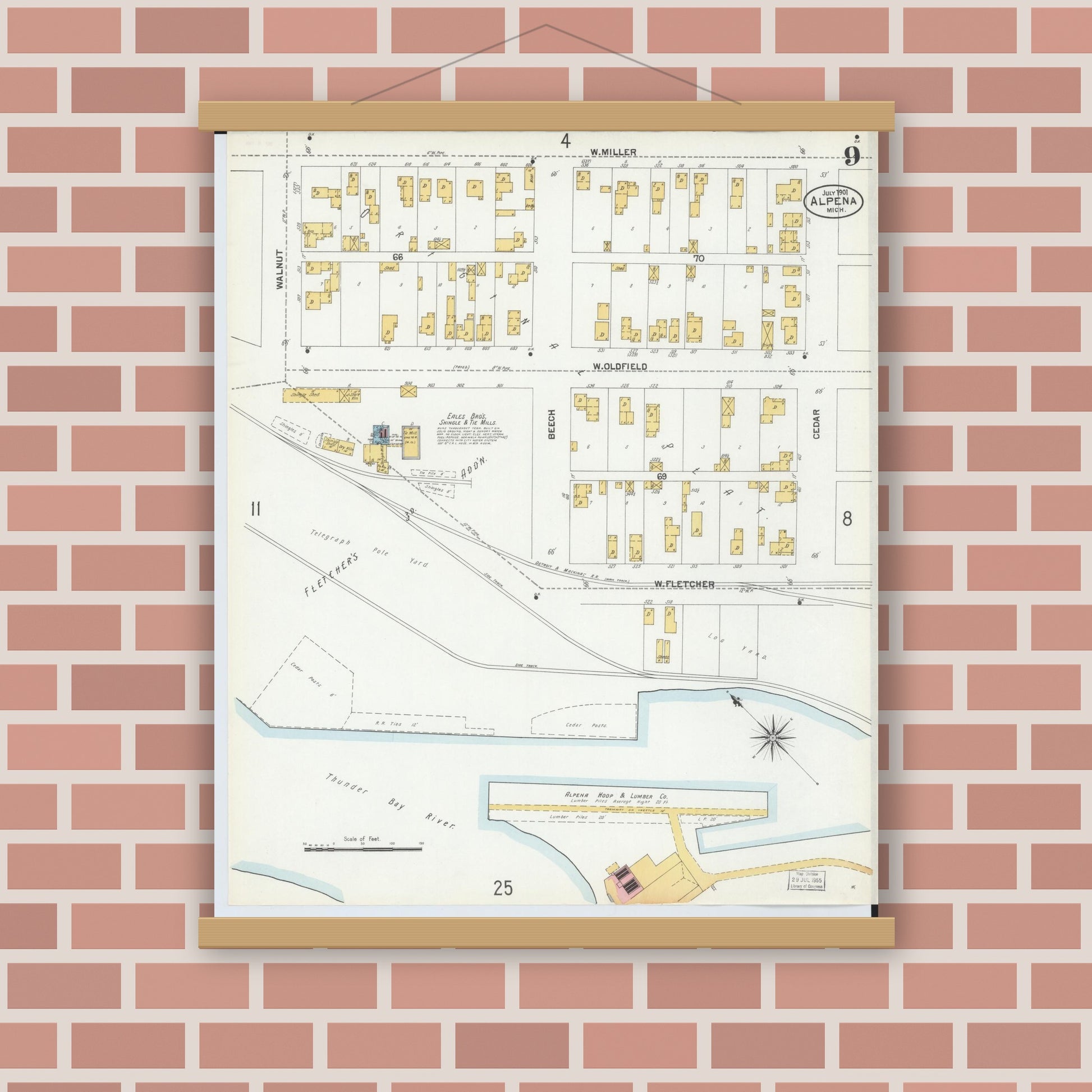 Old map wall art mockup — magnetic wood frame on brick wall — Sanborn Fire Insurance Map from Alpena, Alpena County, Michigan (1901), Sheet #0009