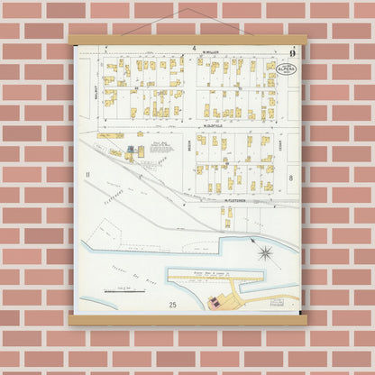 Old map wall art mockup — magnetic wood frame on brick wall — Sanborn Fire Insurance Map from Alpena, Alpena County, Michigan (1901), Sheet #0009