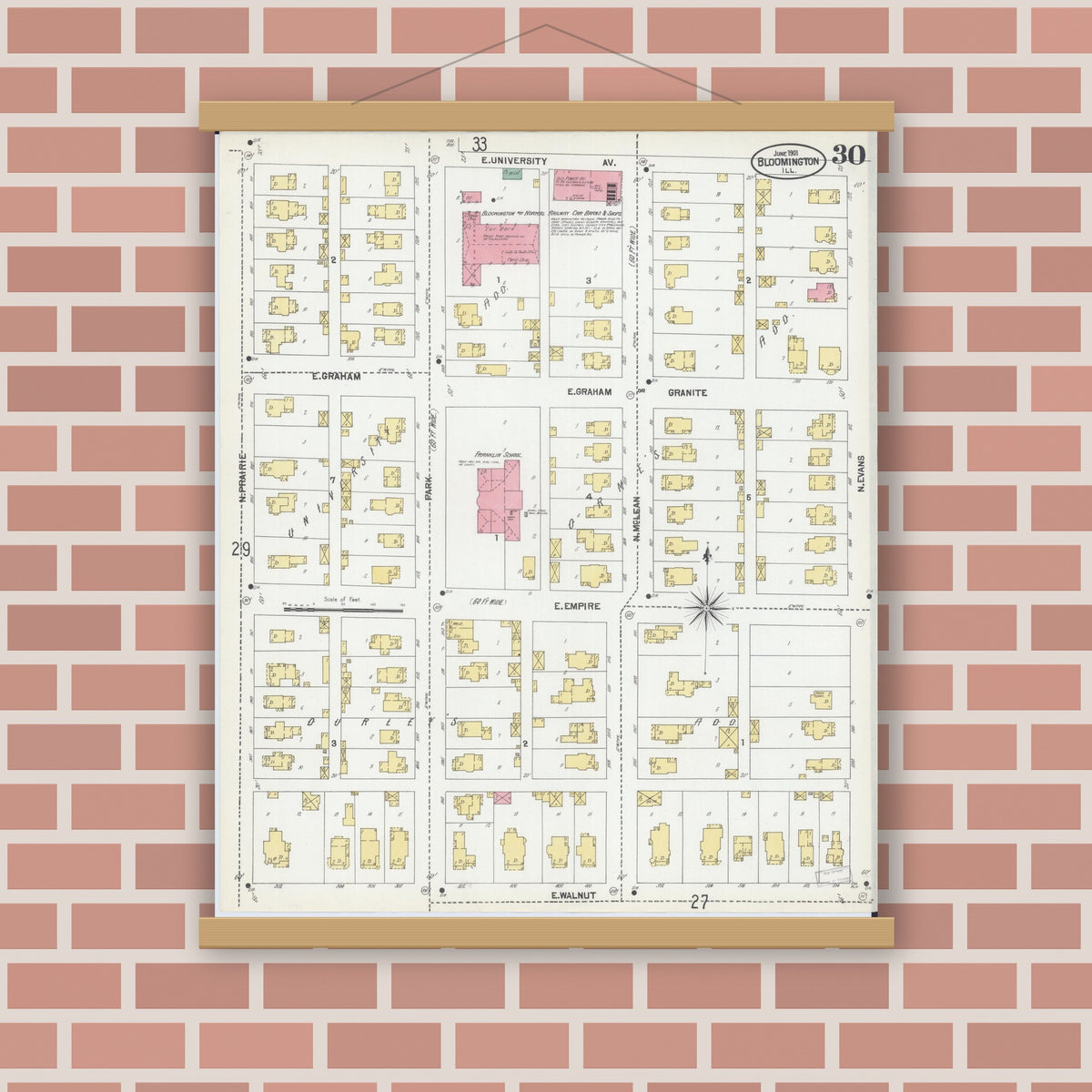 Old map wall art mockup — magnetic wood frame on brick wall — Sanborn Fire Insurance Map from Bloomington, McLean County, Illinois (1901), Sheet #0030