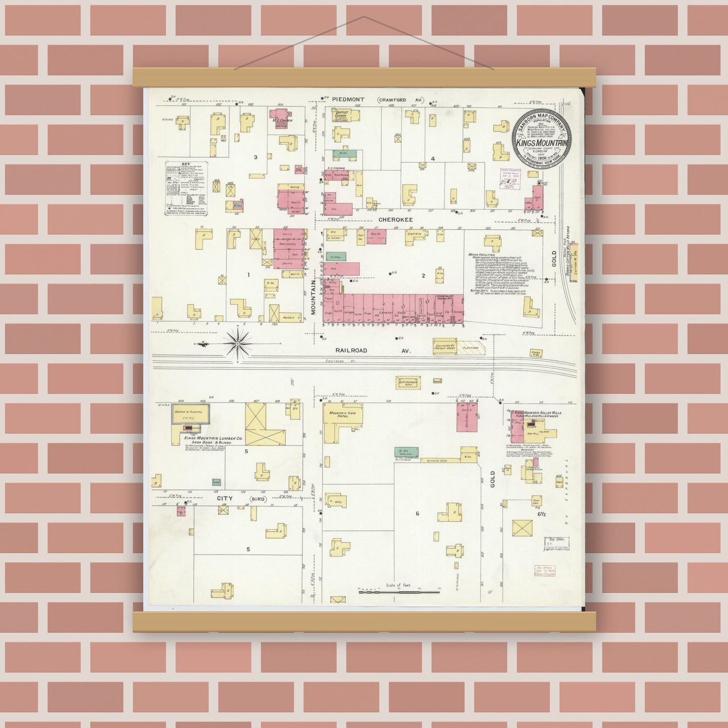 Old map wall art mockup — magnetic wood frame on brick wall — Sanborn Fire Insurance Map from Kings Mountain, Cleveland County, North Carolina (1908), Sheet #0001