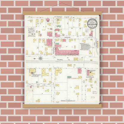 Old map wall art mockup — magnetic wood frame on brick wall — Sanborn Fire Insurance Map from Kings Mountain, Cleveland County, North Carolina (1908), Sheet #0001