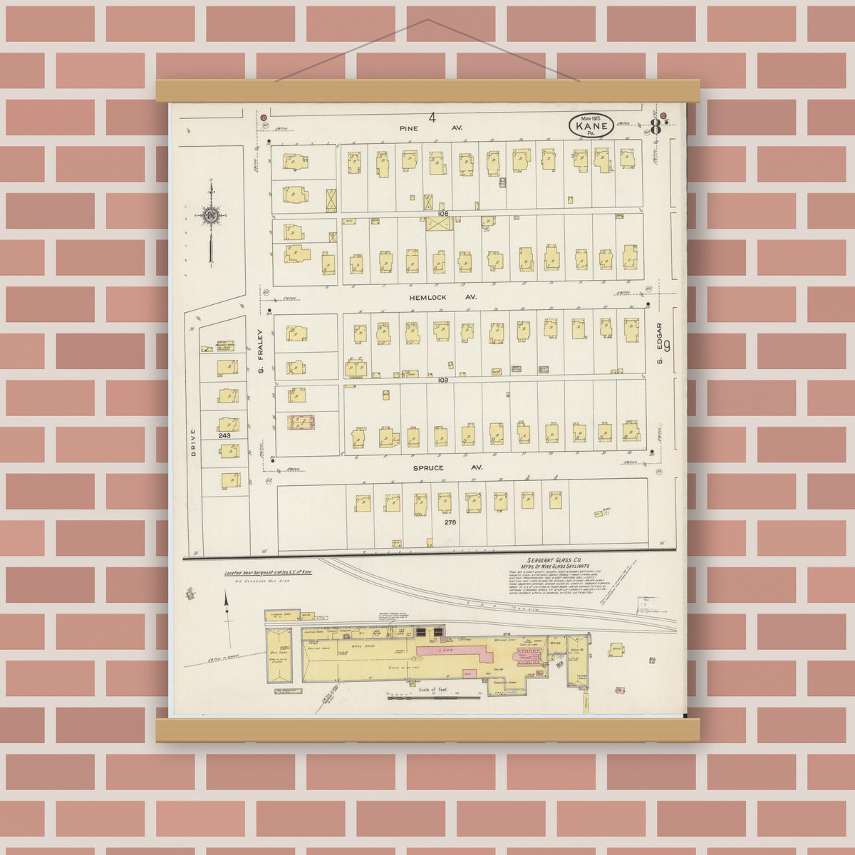 Old map wall art mockup — magnetic wood frame on brick wall — Sanborn Fire Insurance Map from Kane, McKean County, Pennsylvania (1915), Sheet #0008