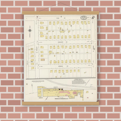 Old map wall art mockup — magnetic wood frame on brick wall — Sanborn Fire Insurance Map from Kane, McKean County, Pennsylvania (1915), Sheet #0008
