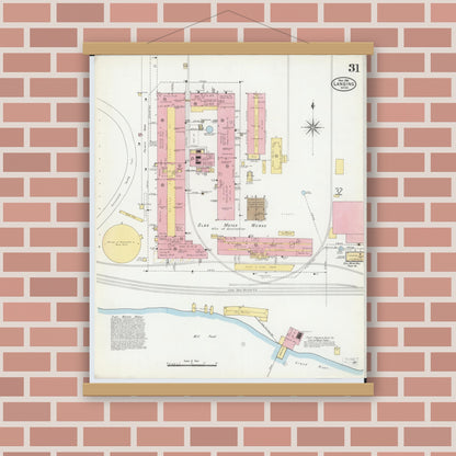 Old map wall art mockup — magnetic wood frame on brick wall — Sanborn Fire Insurance Map from Lansing, Ingham County, Michigan (1906), Sheet #0031